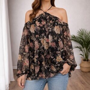 Bailey 44 Floral Cold Shoulder Halter Blouse Romantic Women Size Medium Coquette